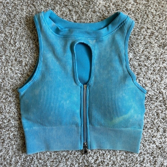 🦋 Blue Ribbed Keyhole Zipper Sports Bra Workout Activewear Athletic Small - Picture 1 of 6